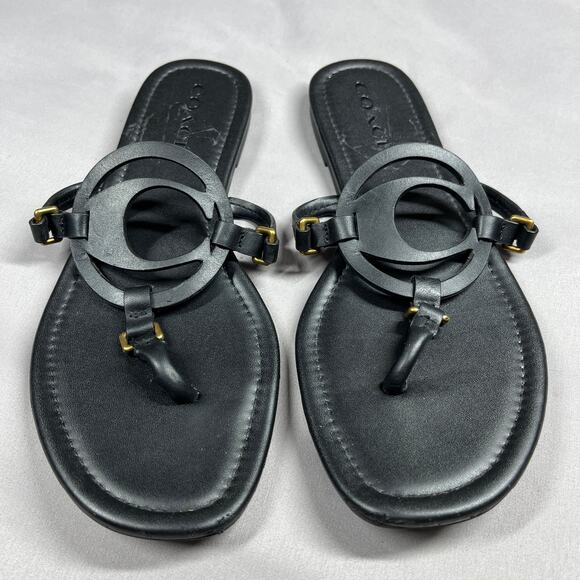 Coach Jeri Black Leather T-strap Thong Sandals Womens Size 8.5 Old Money Luxury - Picture 1 of 16